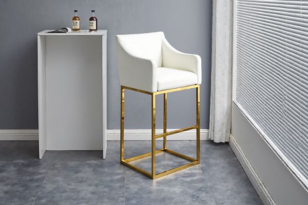 Picture of HESPER 74 Bar Height Bar Stool  with Arms & Golden Finish Base (White)