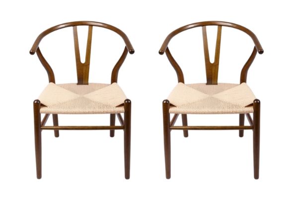 Picture of WISHBONE Solid Beech Wood Y Replica Chair (Walnut Frame-Beige Seat) - 2 Chairs in 1 Carton