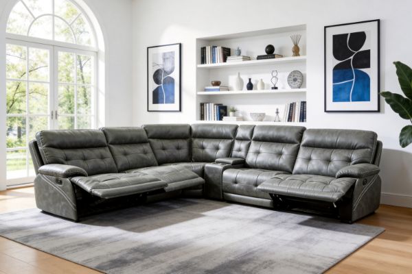 Picture of SOMNIX Air Leather Manual Reclining Sectional Sofa with Storage Console & Cup Holders & USB & Type-C Ports (Charcaol)