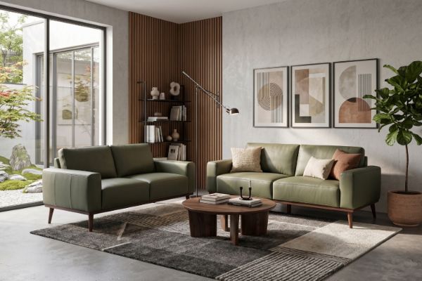 Picture of RHETT 3/2 Seater 100% Genuine Leather Sofa Range with Solid Wood Platform Base (Muted Green)