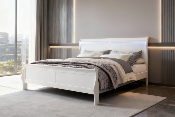 Picture of [FLOOR MODEL CLEARANCE] LOUIS Hevea Wood Bed Frame with LED Lighting Headboard in Queen Size (White)