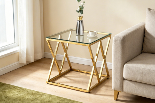 Picture of [FLOOR MODEL CLEARANCE] DIAMOND 55 Glass Top with Golden Stainless Steel Frame Side Table