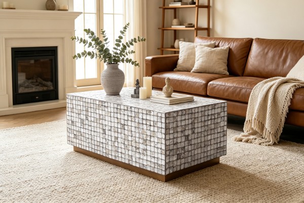 Picture of [FLOOR MODEL CLEARANC]PIEDRAS Acacia Wood Coffee Table with Coconut Tiles